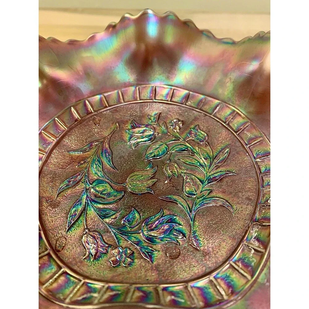 Antique Dugan Amethyst Windflower Iridescent Carnival Glass Ruffled Bowl 8